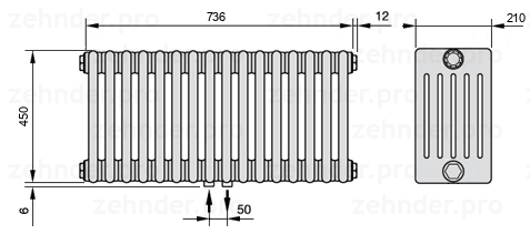 Схема (чертеж) Радиатор Zehnder Charleston 6045/16 №3470 Белый глянцевый RAL 9016